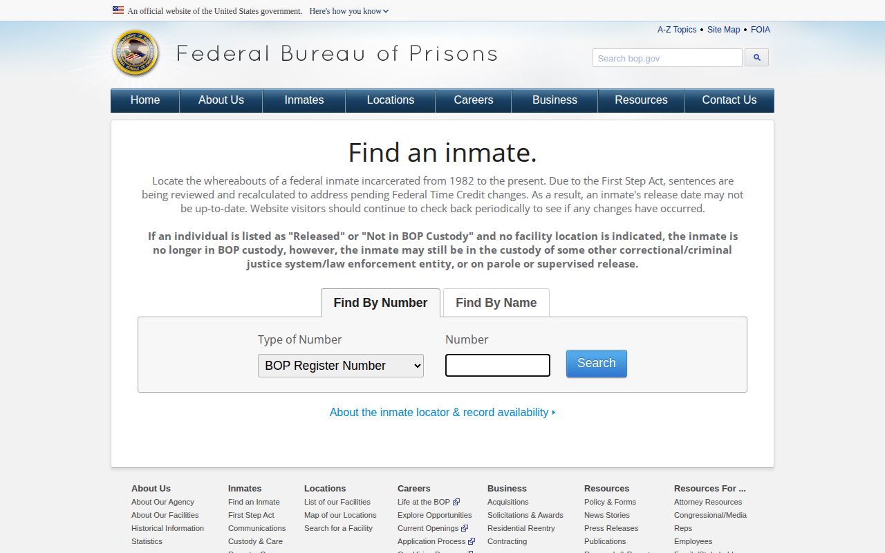 Federal Bureau of Prisons Inmate Locator release search source