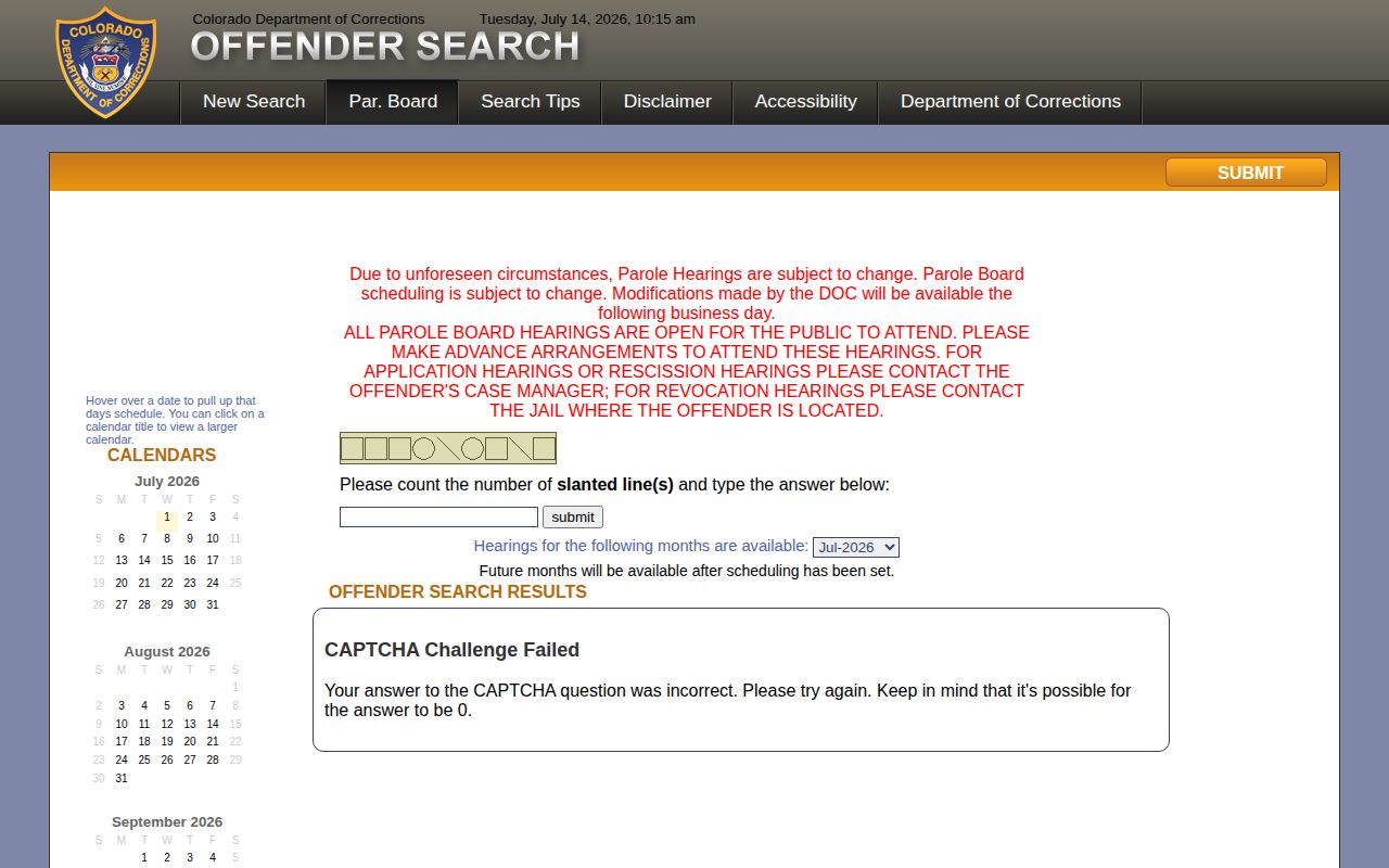 Colorado parole calendar source for Logan County parole and probation checks